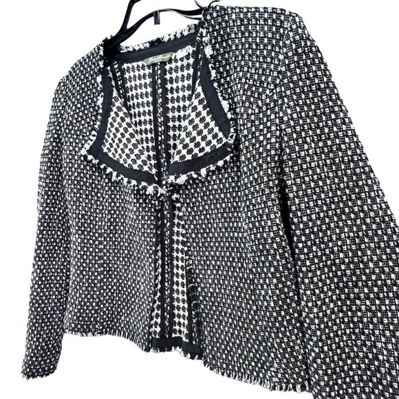Eddie Bauer Blazer Jacket Womens 2 Black White Geo Wool Blend Tweed Open Front - Picture 2 of 12